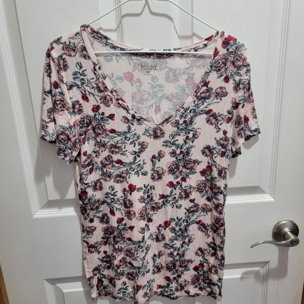 Mudd womens juniors size medium white floral print short sleeve shirt